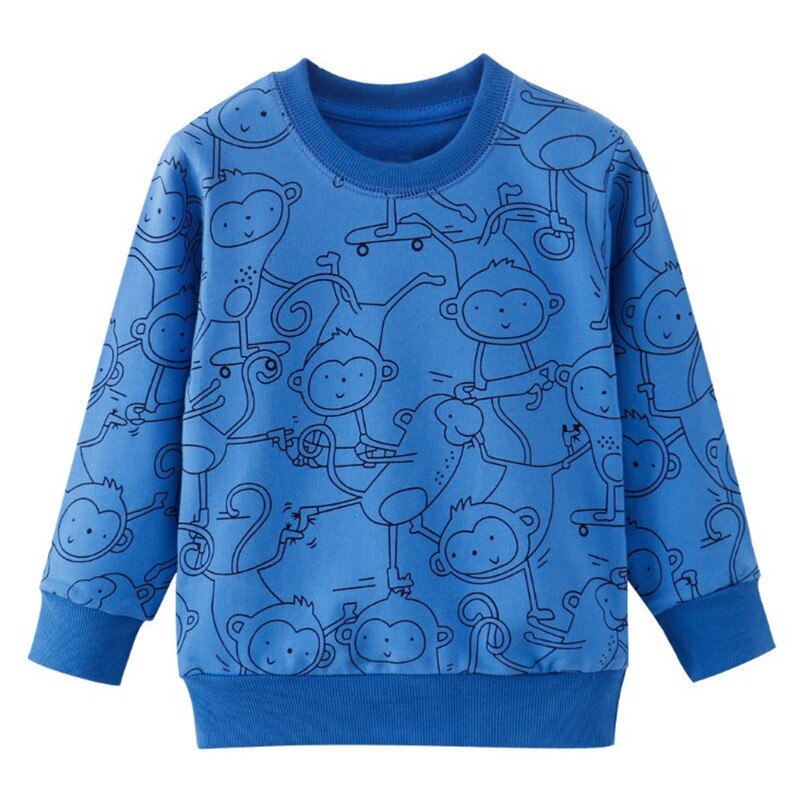 Close-up of a boys' blue cotton sweater showing a detailed pixelated T-Rex dinosaur graphic.