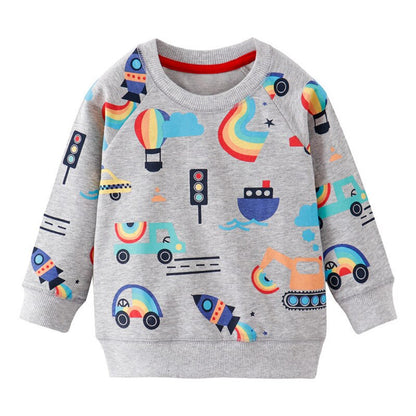Soft baby clothing top: boys' cotton sweater with a playful pixel dinosaur design, great for everyday wear.