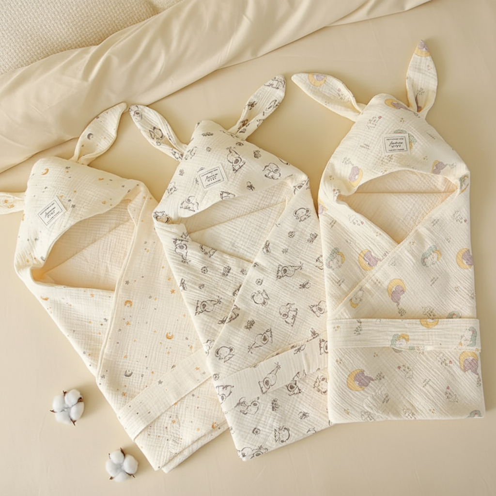 Cozy cotton swaddle blanket in a neutral cream color, perfect for newborn sleep aid.