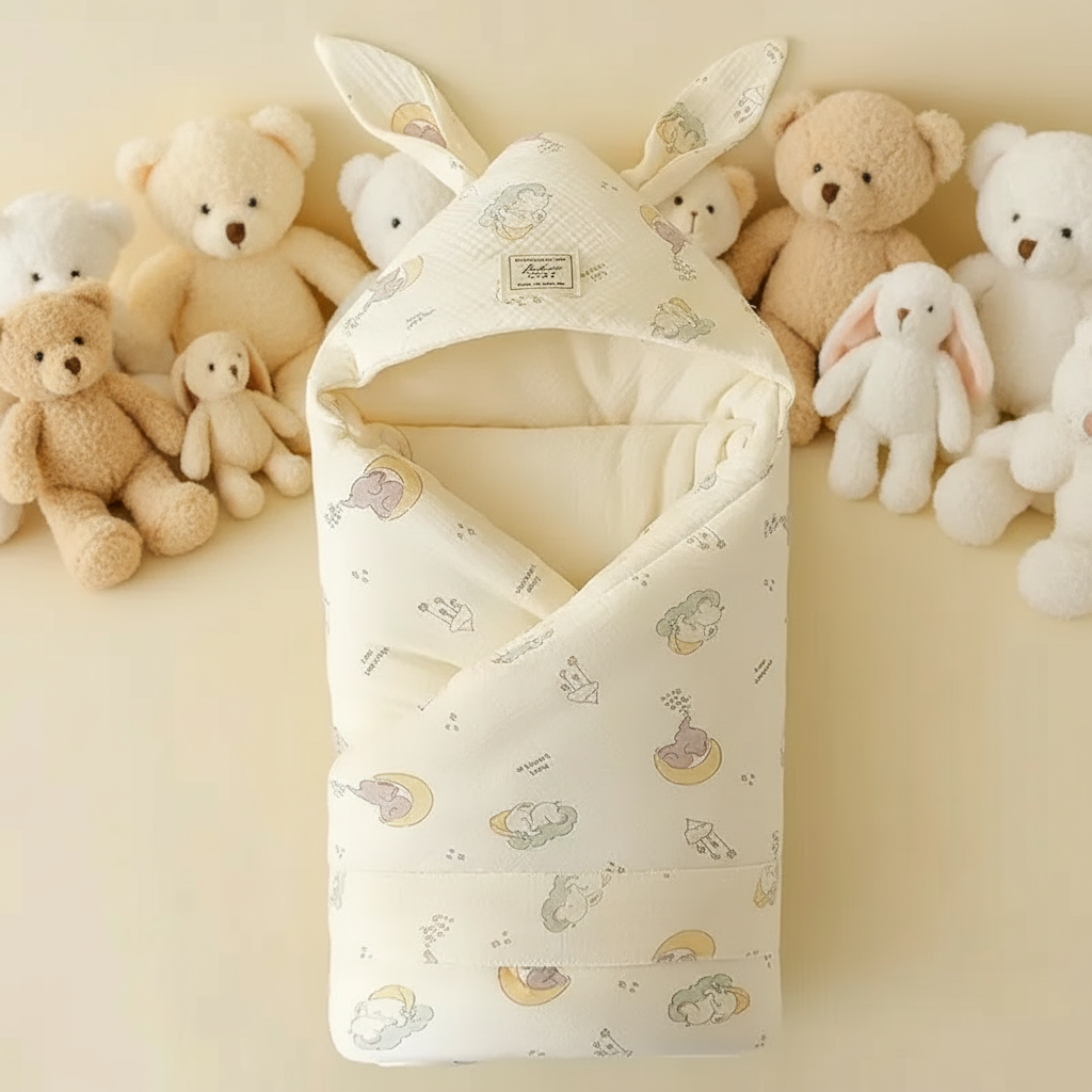 Cute newborn illustration on a cozy cotton swaddle blanket, adding a playful touch.
