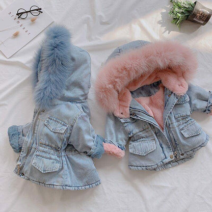 Cozy faux fur hooded denim jacket for kids, warm winter outerwear & stylish baby clothing.