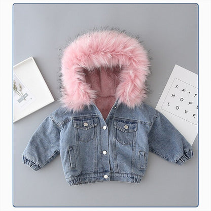Baby clothing: Faux fur hooded denim jacket for winter warmth. A stylish & cozy kids' outerwear option.