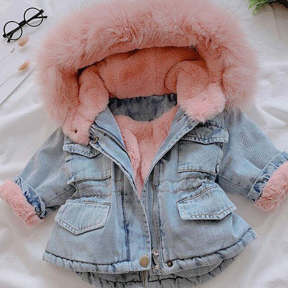 Warm kids' denim jacket with a soft faux fur hood, ideal winter coat & plush-lined outerwear.