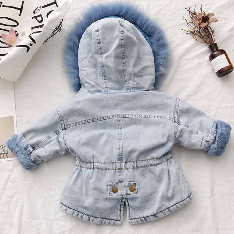 Faux fur lined kids' denim jacket with hood, perfect for keeping toddlers warm and stylish this winter.