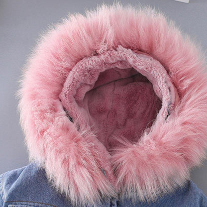 Hooded denim jacket for kids, with a plush faux fur lining. A warm & cozy winter coat for toddlers.