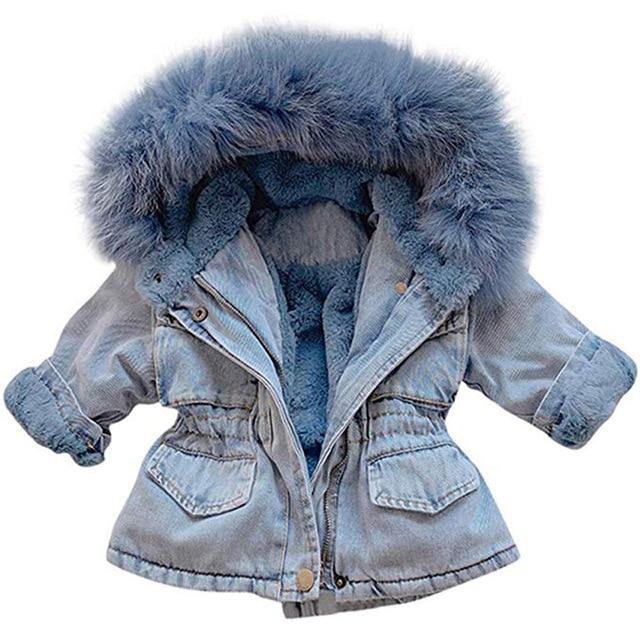 Stylish baby denim jacket, featuring a warm faux fur hood. Ideal for winter, a plush-lined kids' coat.