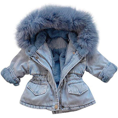 Stylish baby denim jacket, featuring a warm faux fur hood. Ideal for winter, a plush-lined kids' coat.
