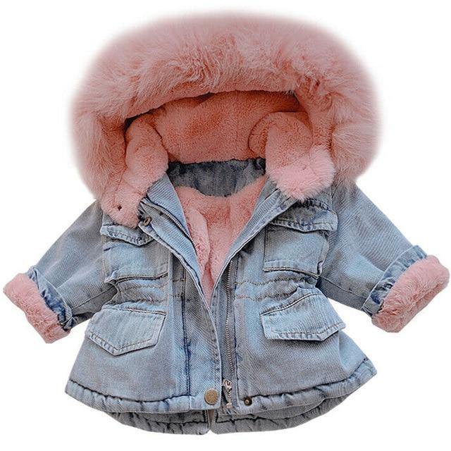 Kids' hooded denim jacket with a soft faux fur collar, ensuring warmth & style in winter.