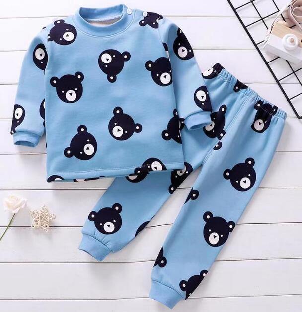 Unisex toddler lounge wear, soft blue flannel pajamas with cute cartoon animal designs