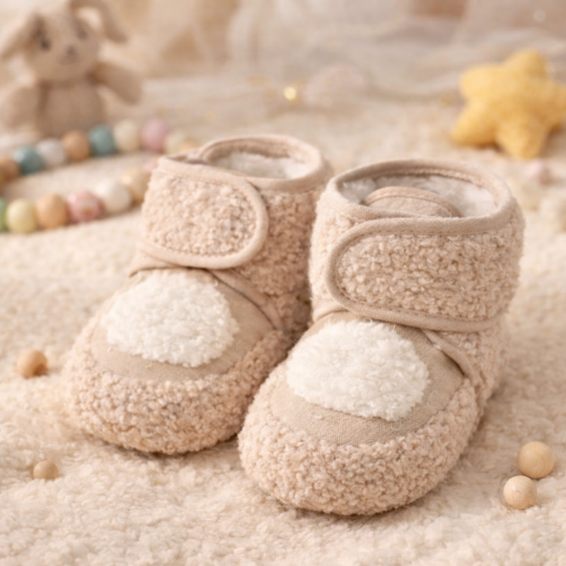 Cozy fleece crib shoes for newborn, soft anti-slip sole for pre-walkers, warm infant footwear.