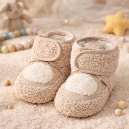 Cozy fleece crib shoes for newborn, soft anti-slip sole for pre-walkers, warm infant footwear.