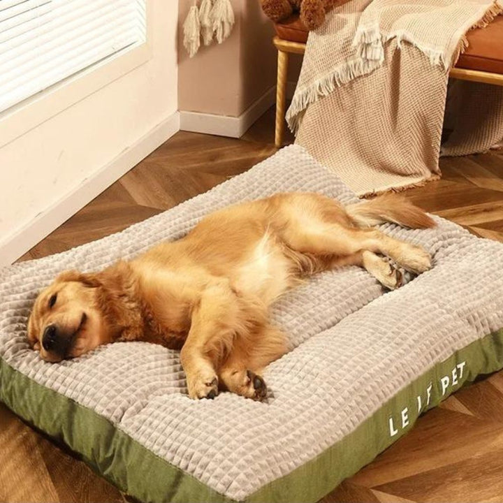 Happy dog napping comfortably in a round, cozy fleece pet bed. Ideal for ultimate warmth & rest.