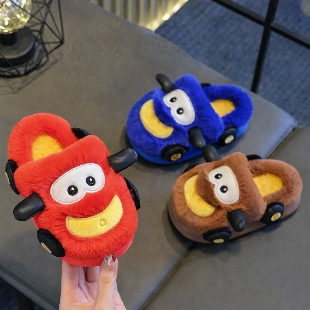 Cozy fluffy winter slippers for kids, anti-slip sole, ensuring toddler safety indoors.