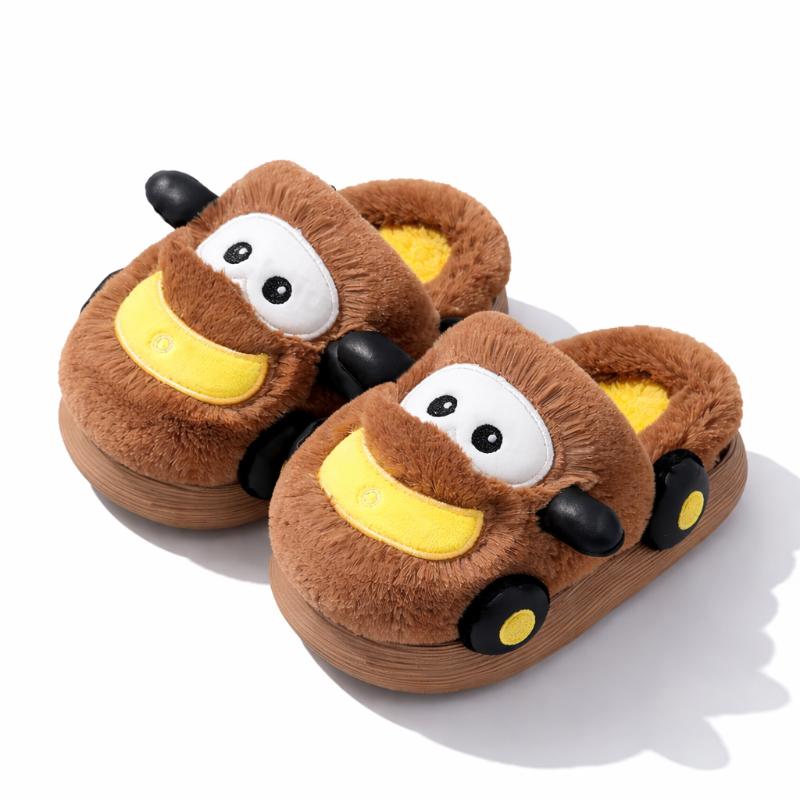 Fluffy kids' winter slippers with a grippy anti-slip sole, ideal for cozy indoor comfort.