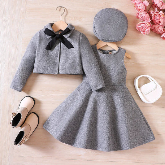 Cozy girls' fleece coat, tank top dress & beret set with a cute bow. Perfect for autumn & winter fashion.