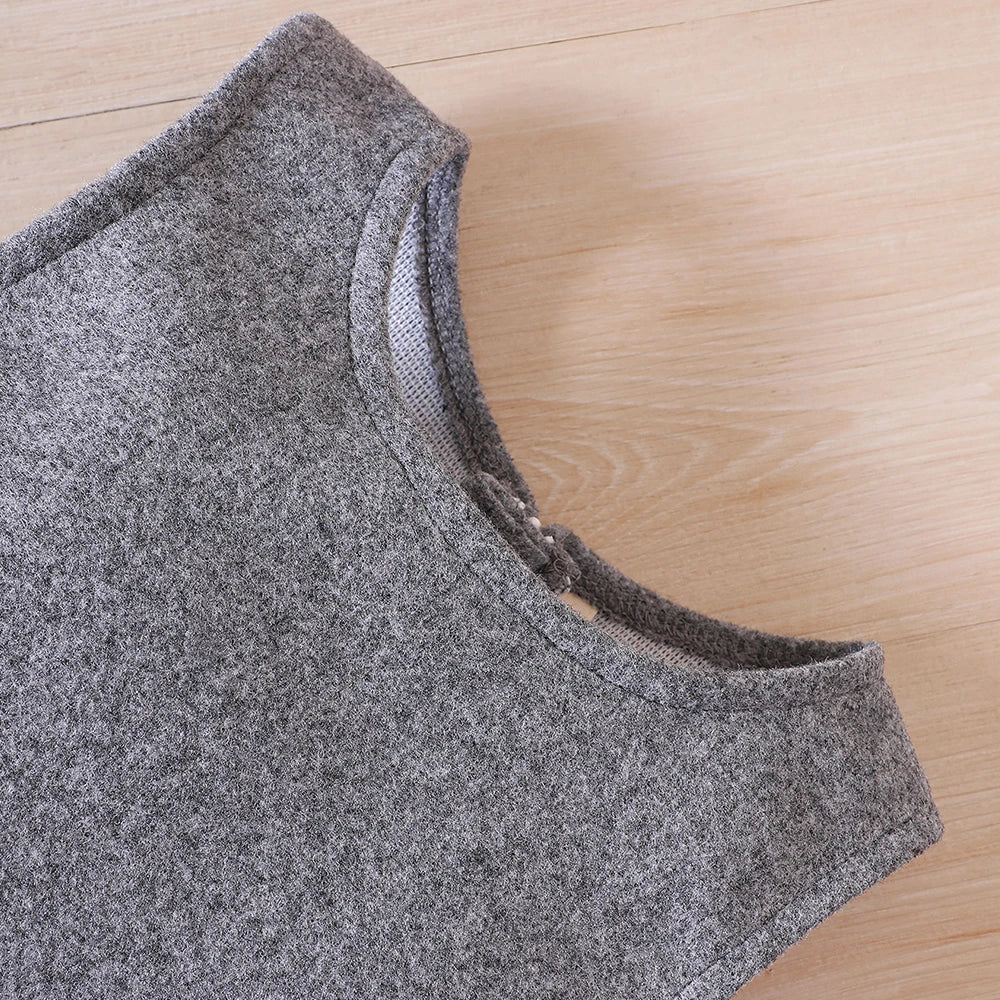 Kids' cozy winter set: soft fleece coat, simple tank dress, and cute beret for girls.