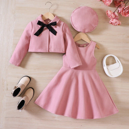 Little girls' autumn/winter outfit: a bow fleece coat, a comfy tank top dress, and a sweet beret.