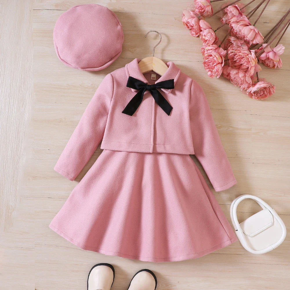 High-quality girls' fleece coat, stylish tank top dress & beret hat ensemble.