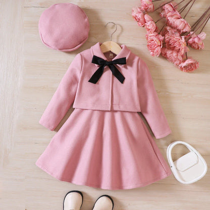 High-quality girls' fleece coat, stylish tank top dress & beret hat ensemble.