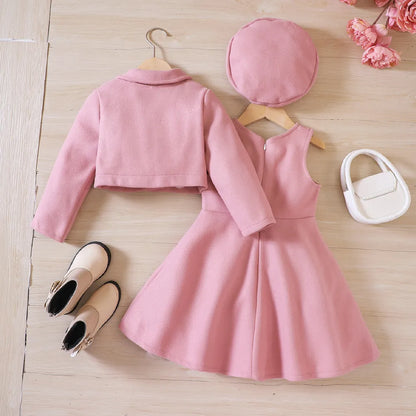 Comfortable girls' three-piece set: soft fleece coat, easy-wear tank dress & classic beret.