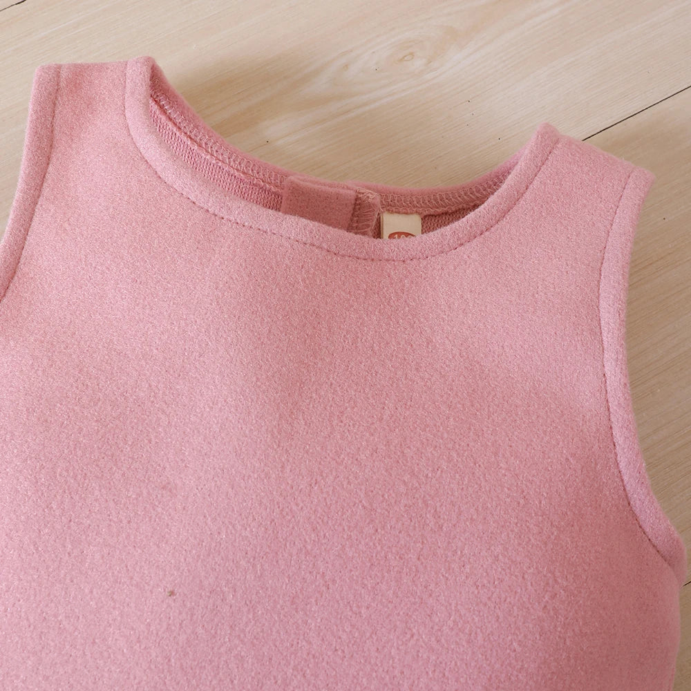 Girls' cozy outfit for cold weather: fleece coat, versatile tank dress & adorable beret.