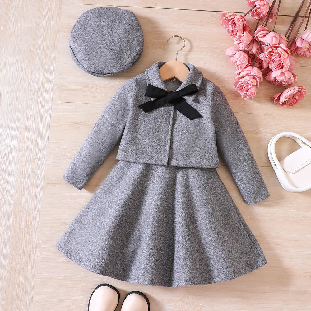 Toddler girls' bow fleece coat, stylish tank top dress & matching beret hat outfit. Ideal for chilly days.