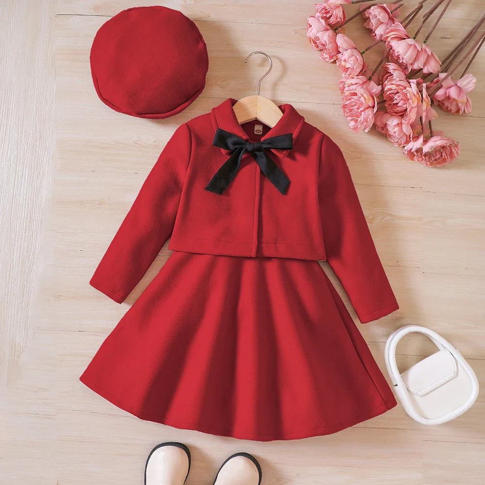 Toddler girls' charming set: a bow fleece coat, a cute tank dress, and a matching beret.