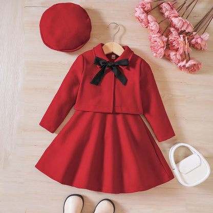 Toddler girls' charming set: a bow fleece coat, a cute tank dress, and a matching beret.