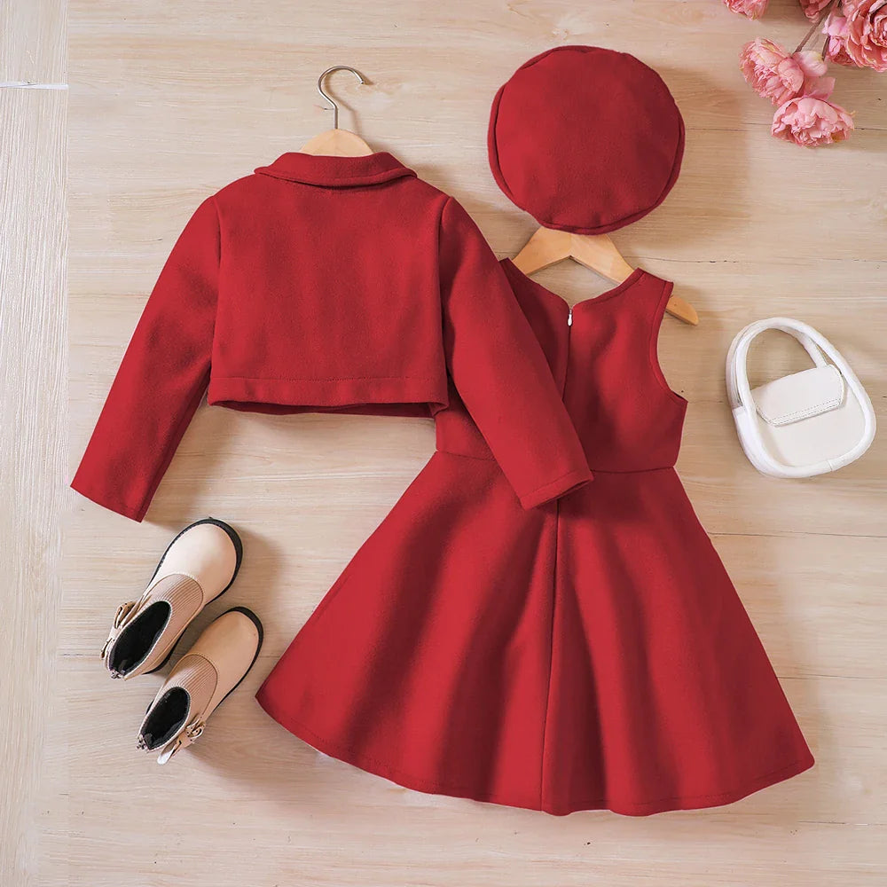 Cozy & stylish girls' autumn set: fleece coat, tank dress, and beret hat for everyday wear.