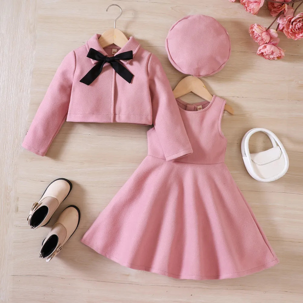 Cute autumn set: girls' cozy fleece coat with bow, sleeveless dress & stylish beret for toddlers.