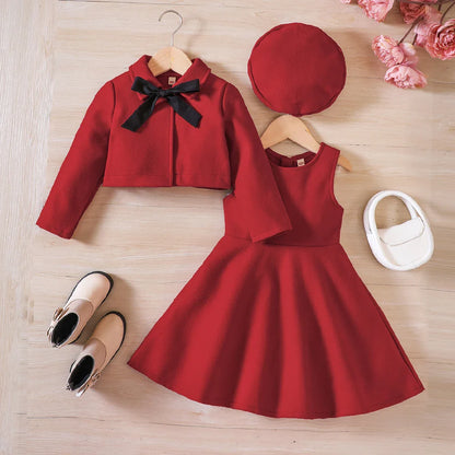 Princess style girls' outfit: warm fleece coat, elegant tank dress & chic beret hat.