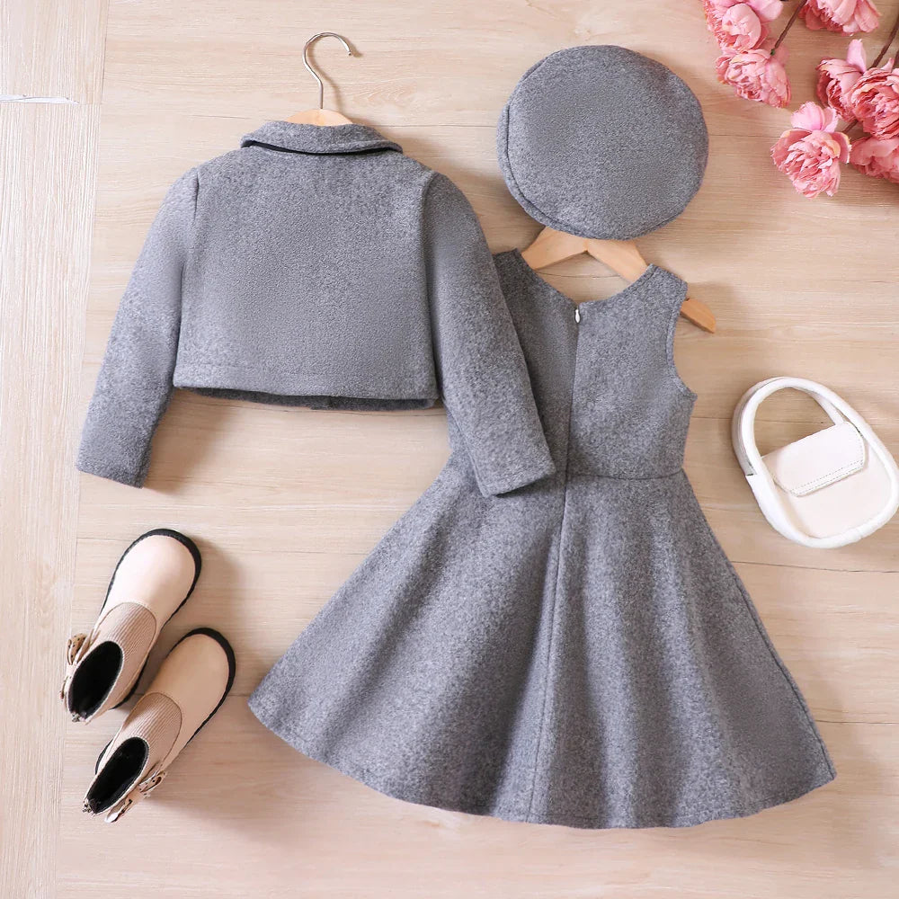 Stylish girls' autumn fashion set including a fleece coat, tank top dress, and beret.
