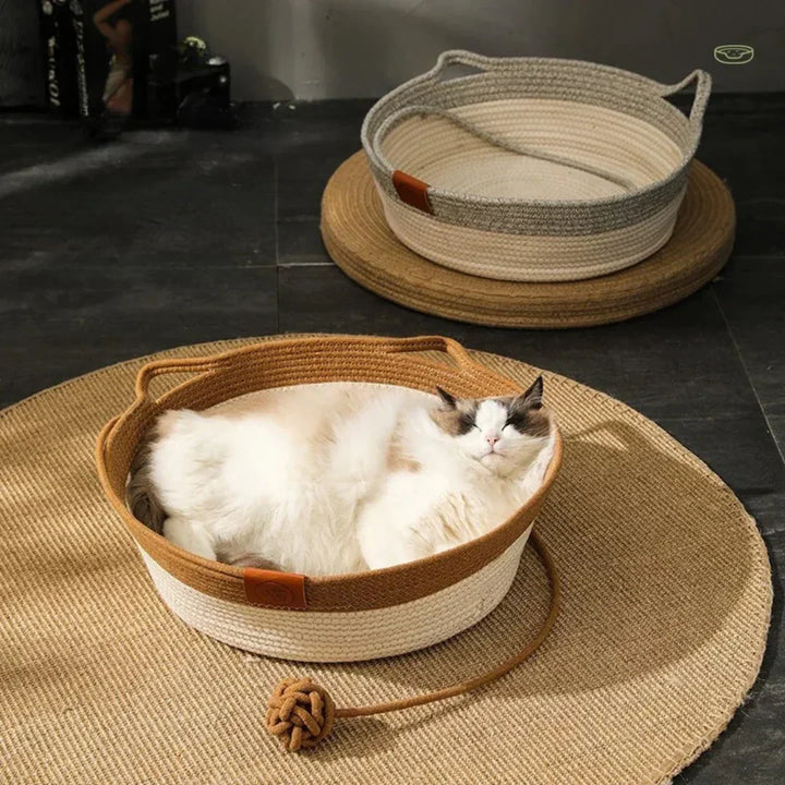Cozy handwoven cotton rope cat bed, perfect pet furniture for feline comfort & a modern cat sanctuary.