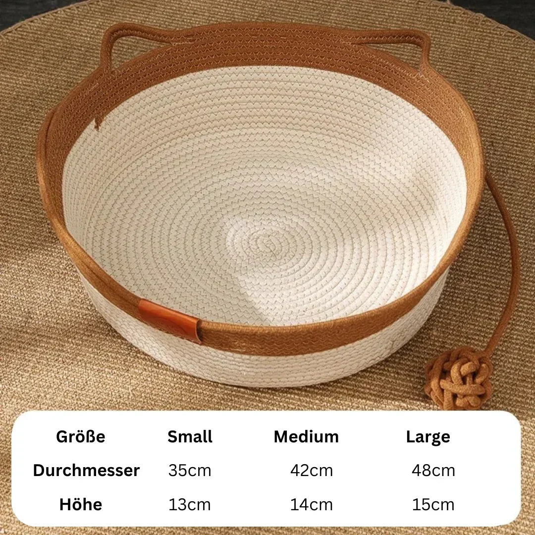 Modern handwoven cotton rope cat bed for feline friends. A cozy pet haven & stylish pet accessory.