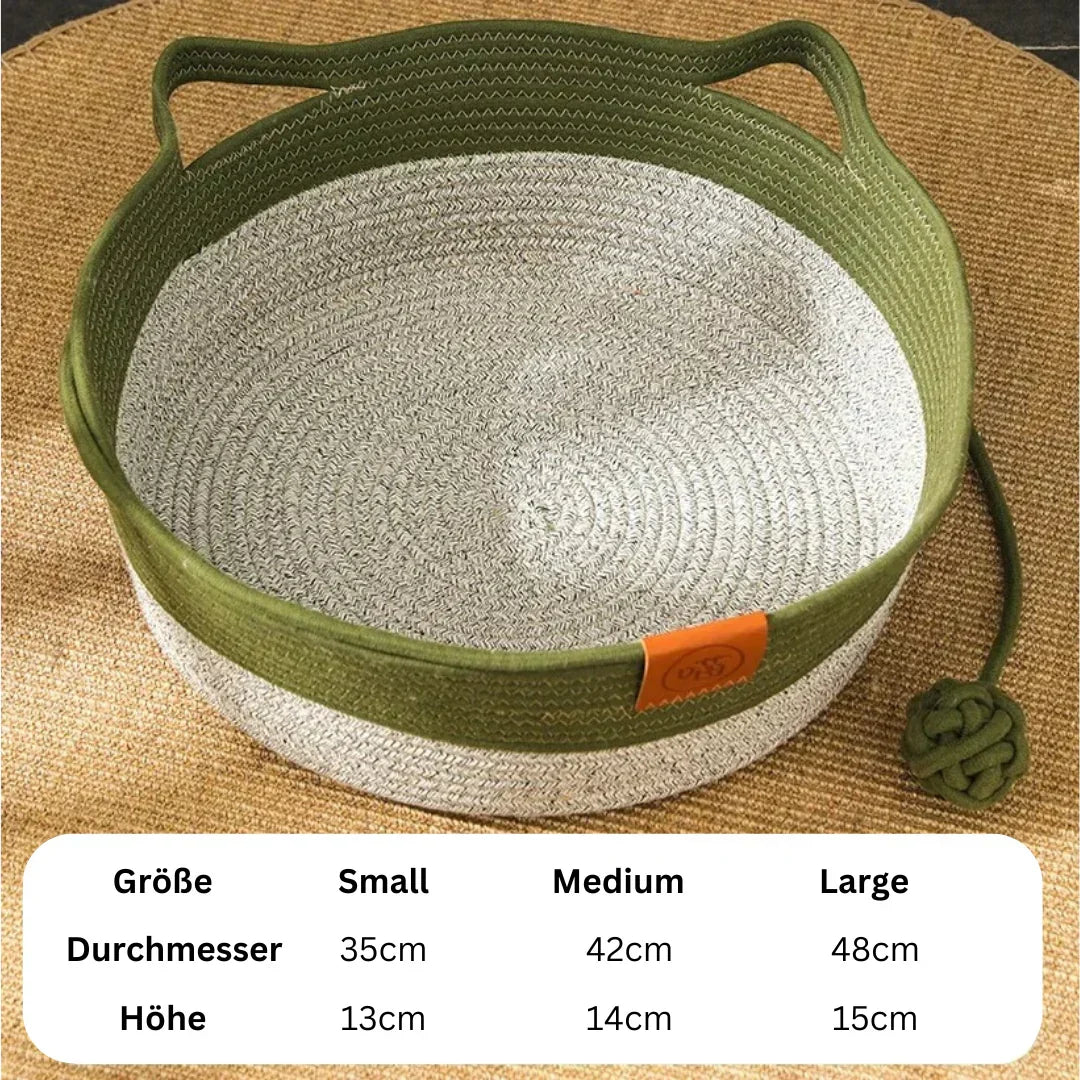 Handwoven cotton rope cat bed, offering a cozy sanctuary for cats. Stylish pet furniture for any home.