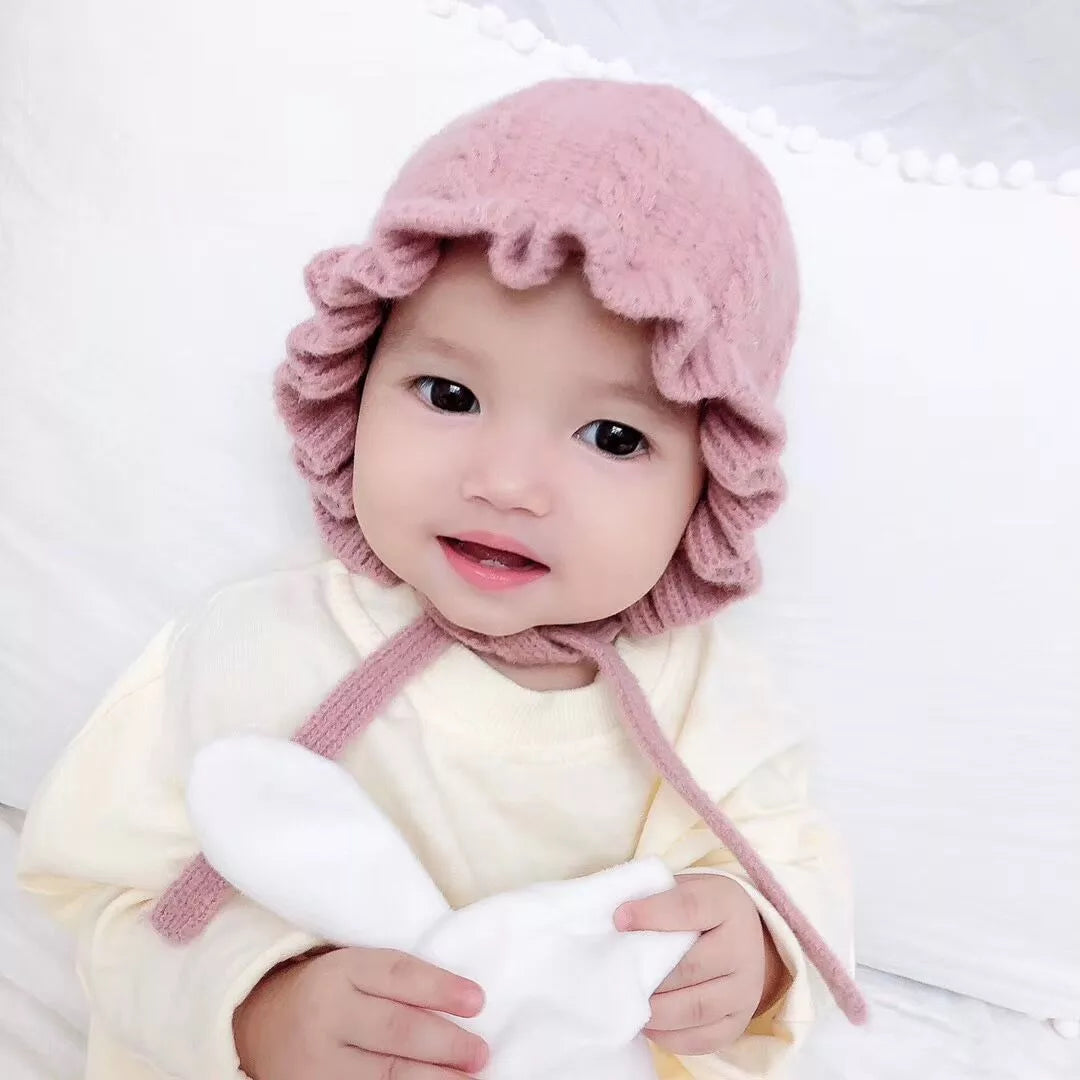 Cozy hooded winter hat for baby girls, soft pink wool, perfect for infants & toddlers