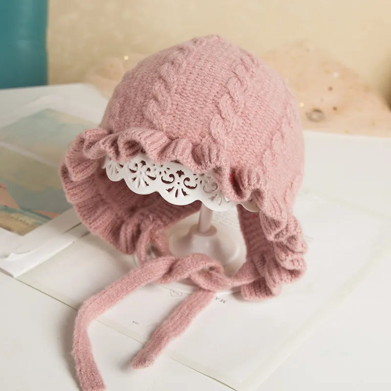 Girls' cozy hooded hat, woolen blend, covers head & ears, essential baby accessory
