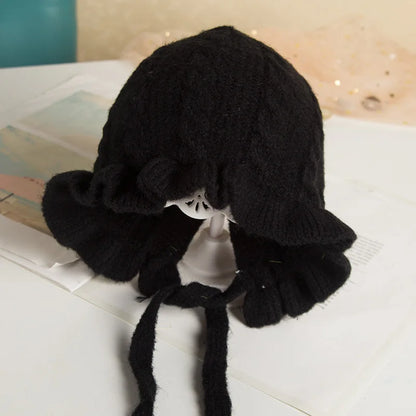 Infant girl's hooded winter hat, soft knit, provides full head protection & warmth