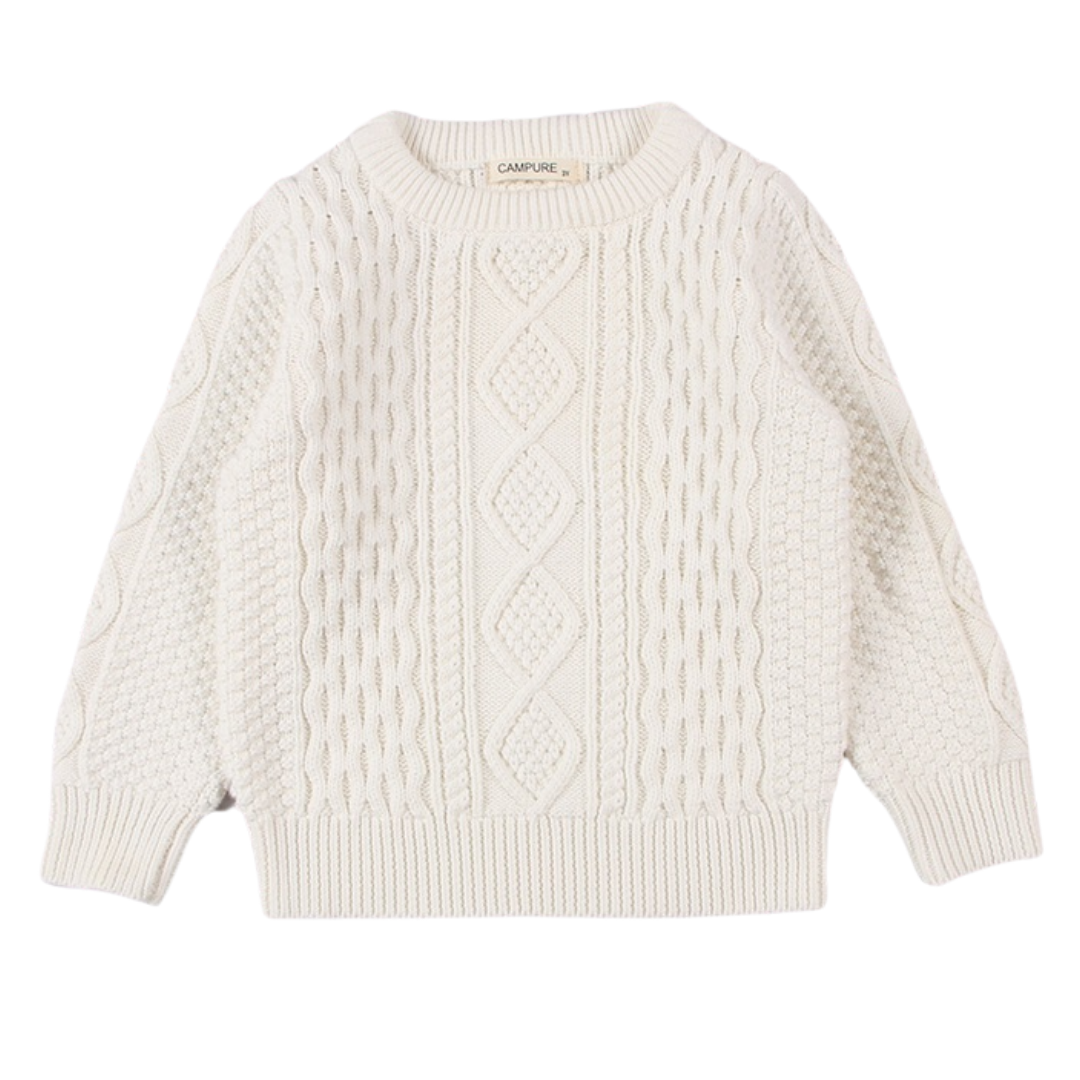 Cozy kids cable knit pullover sweater in a soft muted color, ideal for fall winter children's clothing.