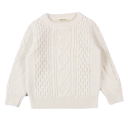 Cozy kids cable knit pullover sweater in a soft muted color, ideal for fall winter children's clothing.
