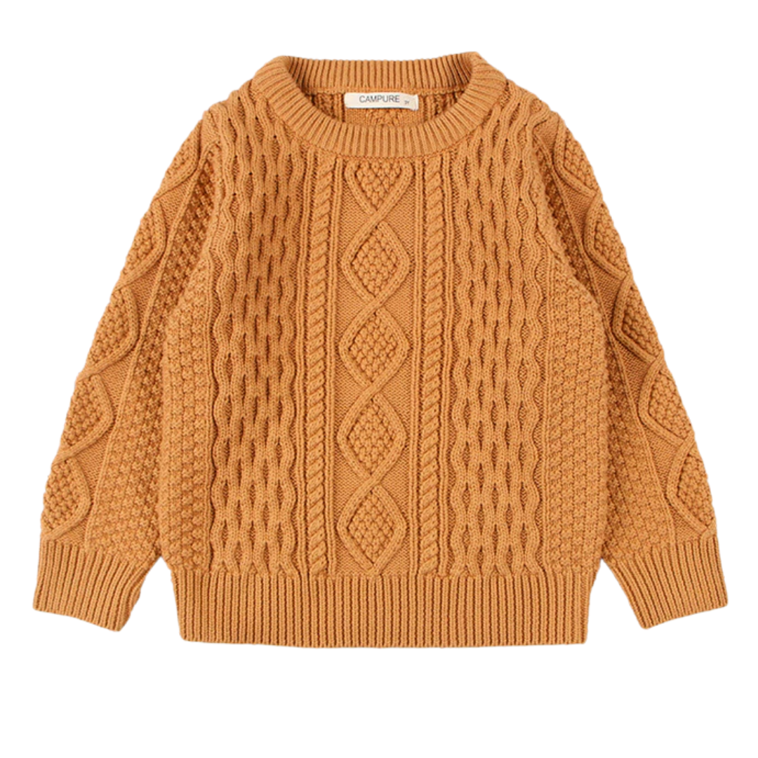 Stylish baby apparel: a cream-colored cable knit pullover sweater for toddlers, perfect for cool weather.