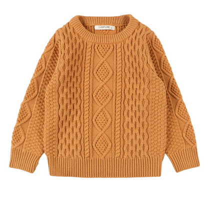 Stylish baby apparel: a cream-colored cable knit pullover sweater for toddlers, perfect for cool weather.