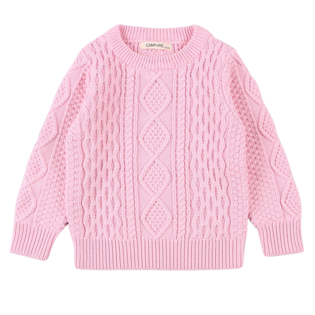 Close-up of a blue kids cable knit pullover sweater, showcasing the intricate texture and warmth.
