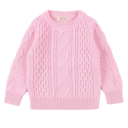 Close-up of a blue kids cable knit pullover sweater, showcasing the intricate texture and warmth.