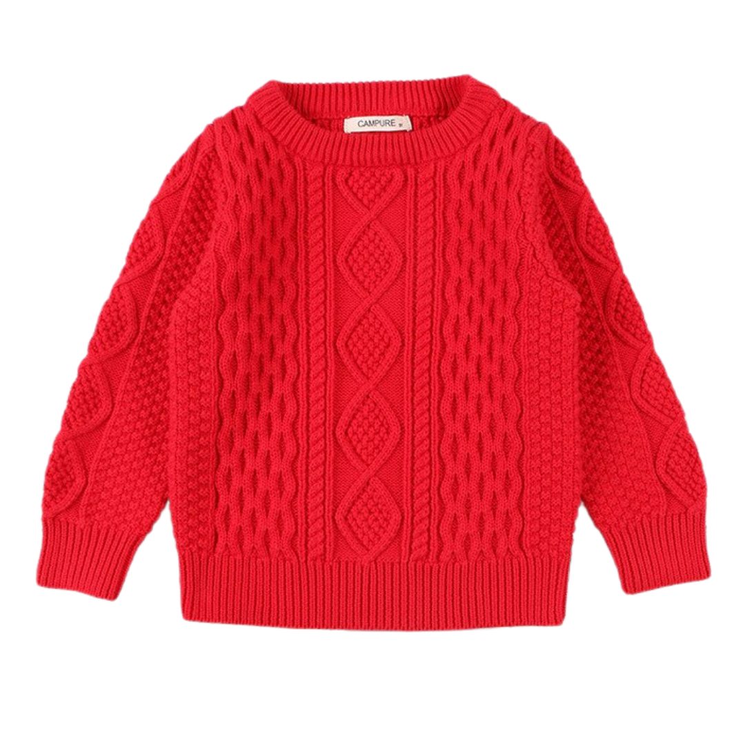 Soft grey cable knit pullover sweater for boys and girls, a comfortable and warm children's clothing option.