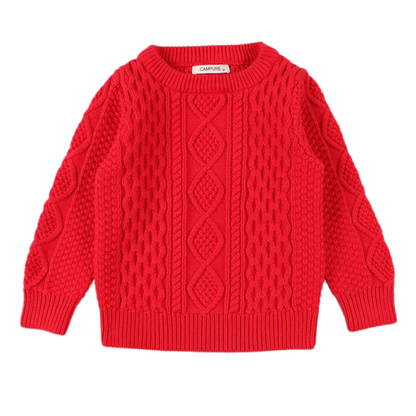 Soft grey cable knit pullover sweater for boys and girls, a comfortable and warm children's clothing option.