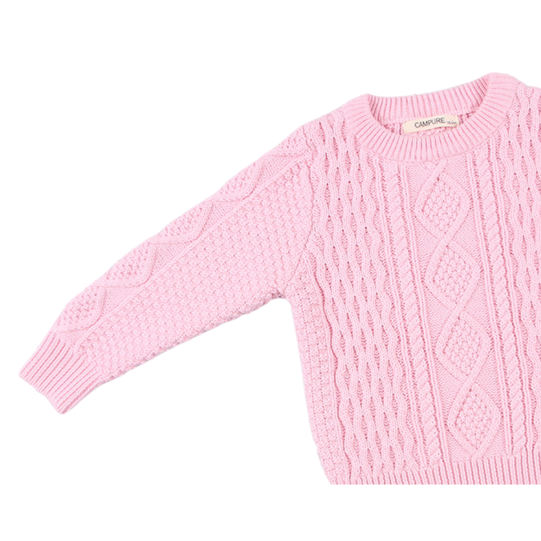 Detailed shot of the cable knit pattern on a warm pullover sweater, essential for baby apparel.