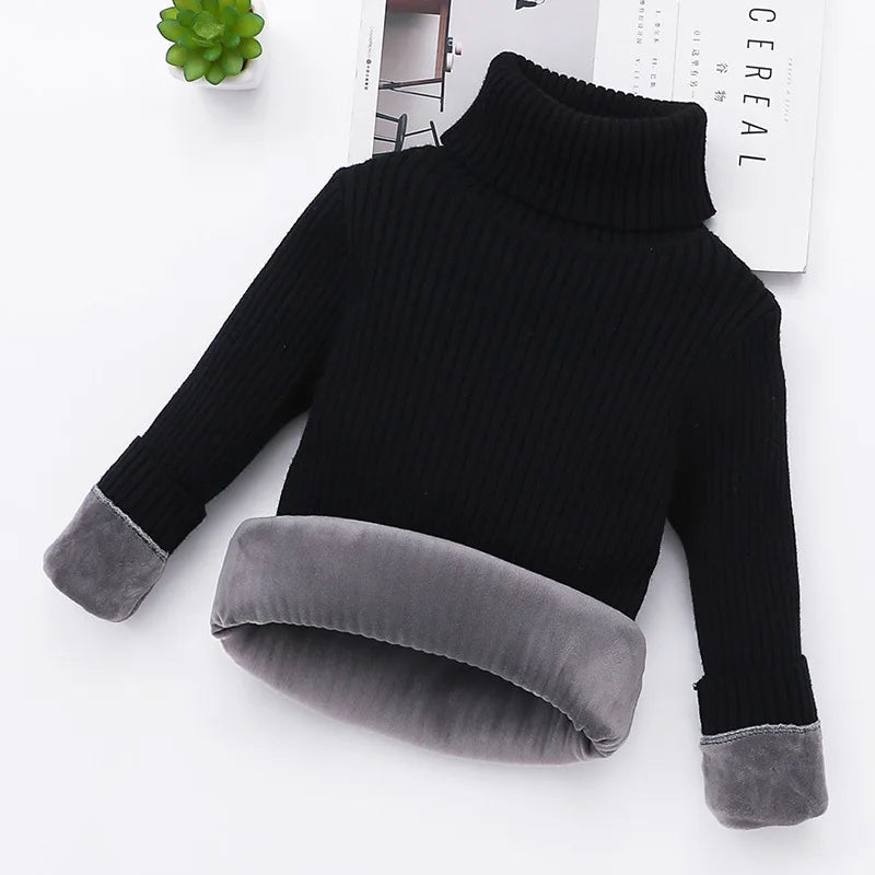Close-up of a padded turtleneck kids' sweater, highlighting the soft knit and warmth for winter.