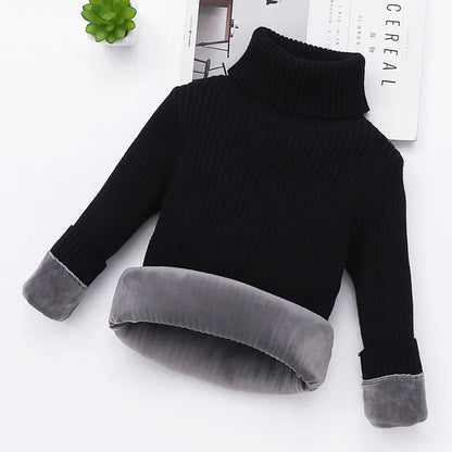 Close-up of a padded turtleneck kids' sweater, highlighting the soft knit and warmth for winter.