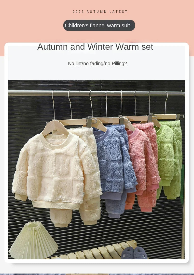 Warm girls' plush pajama set, cozy for home and sleep, winter essential